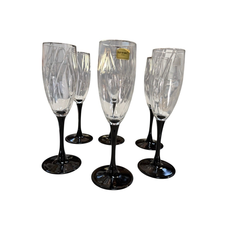 Lot Of 6 Vintage Luminarc Crystal Black Stem Champagne Flute Wine Glasses